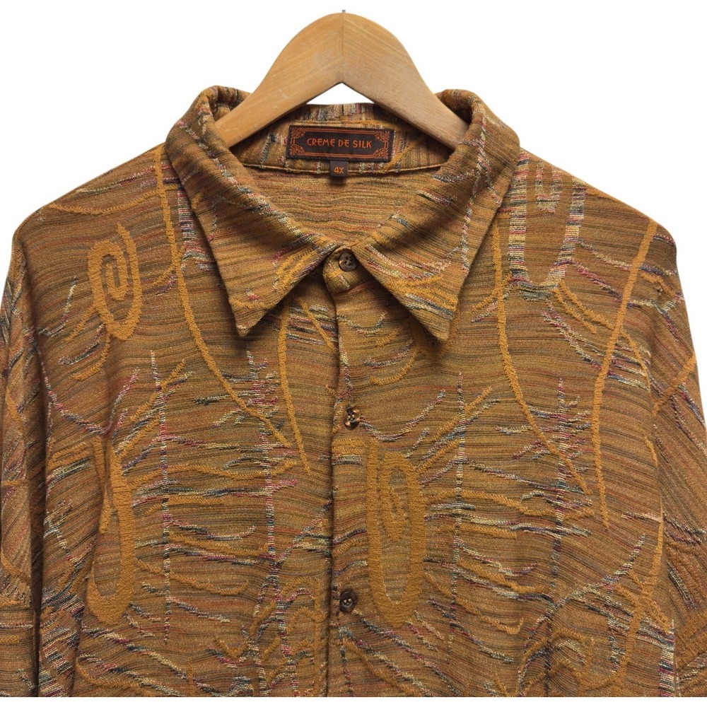 Creme De Silk Mens Sz 4X Brown Geometric Abstract Vtg Silk Polyester Heavy Shirt